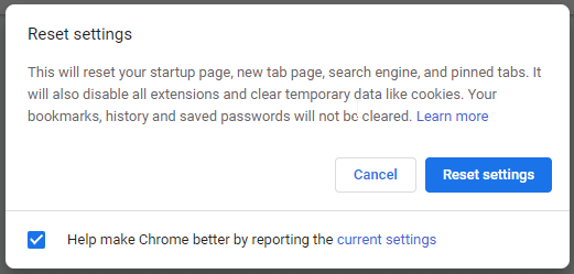 Reset Settings Popup in Chrome
