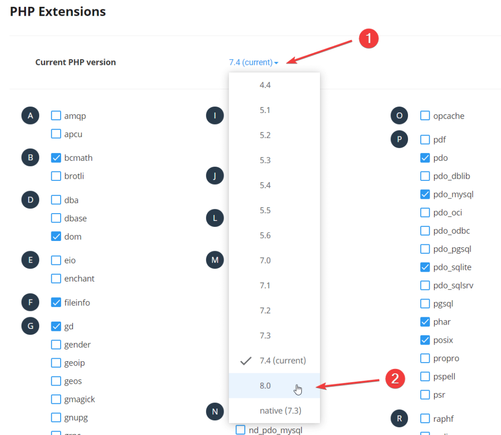 DirectAdmin Select PHP Version Page