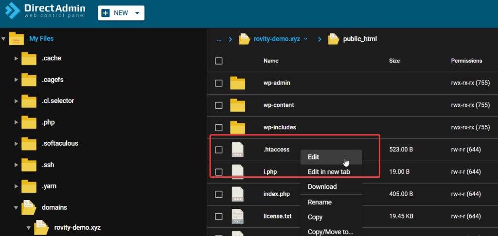 Right Click Edit Menu File Manager DirectAdmin