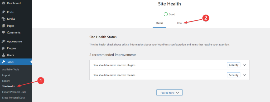 WordPress Site Health Info Tab