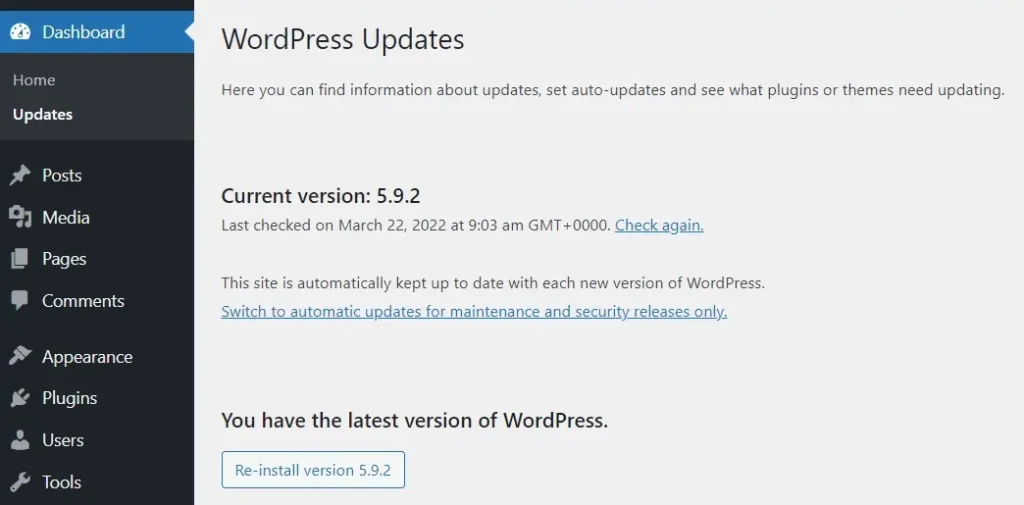 WordPress Updates Page