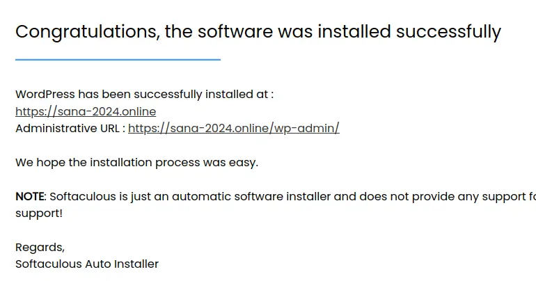 DirectAdmin Softaculous WordPress Installed Successfully Message