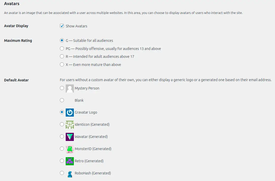 WordPress Avatars Settings for Comments